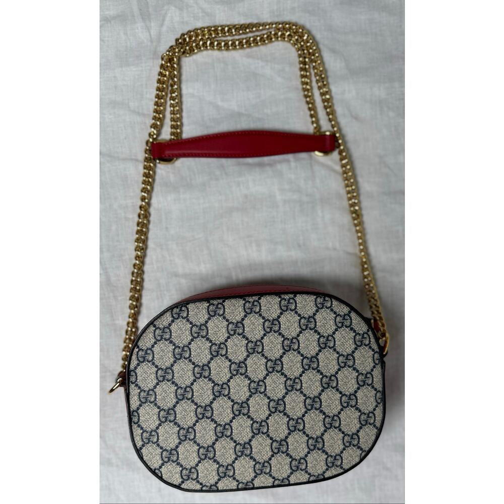 Gucci GG Supreme Mini Chain Crossbody Camera Bag - Hibiscus Red, Beige & Navy - Picture 1 of 15